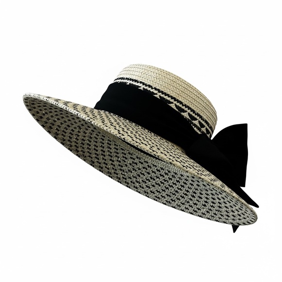 NWT Sun N Sand Wide-Brim Straw Sun Hat with Black Bow and Band